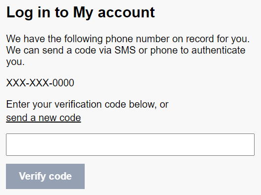 Log into My account prompt asking for verification code received via SMS