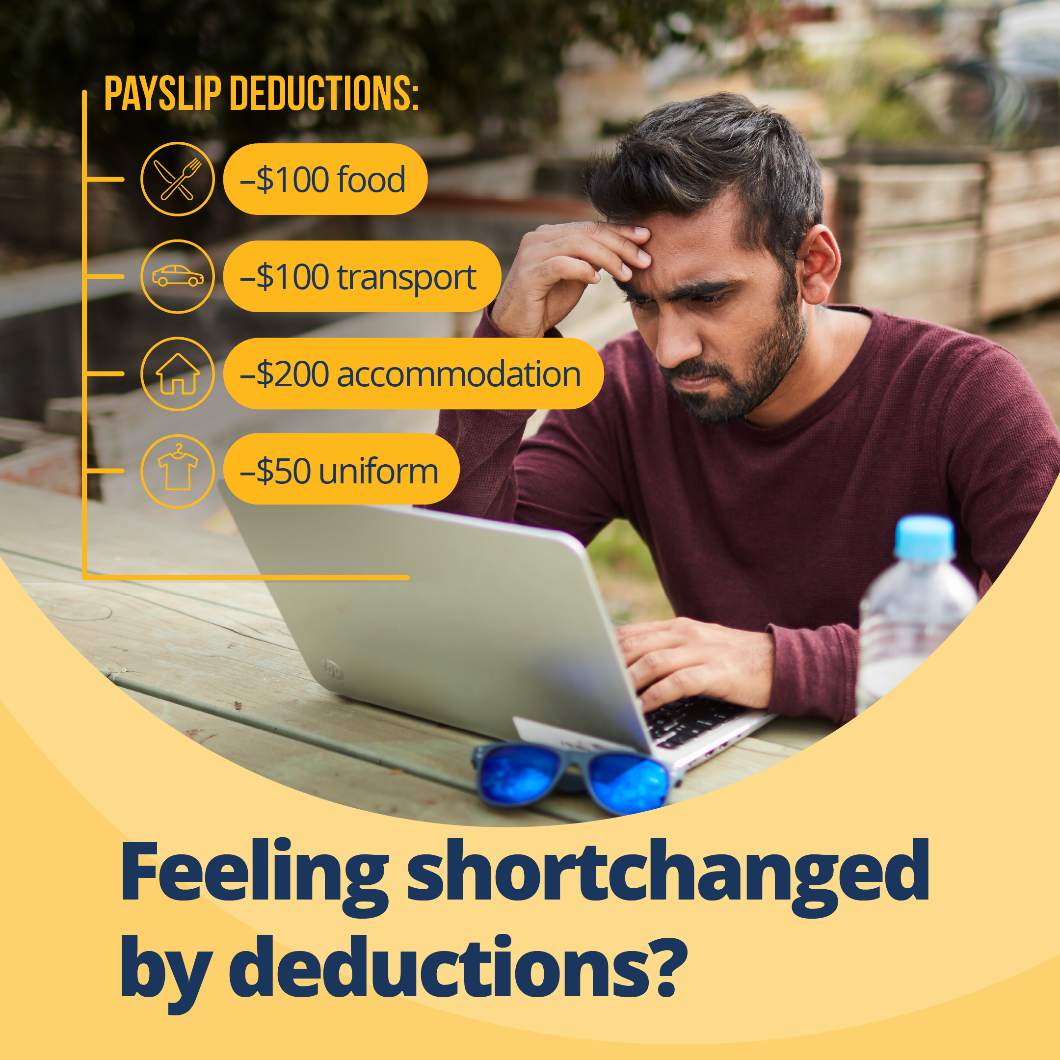 man frustratingly looking at his laptop with the text below him reading: feeling shortchanged by deductions?