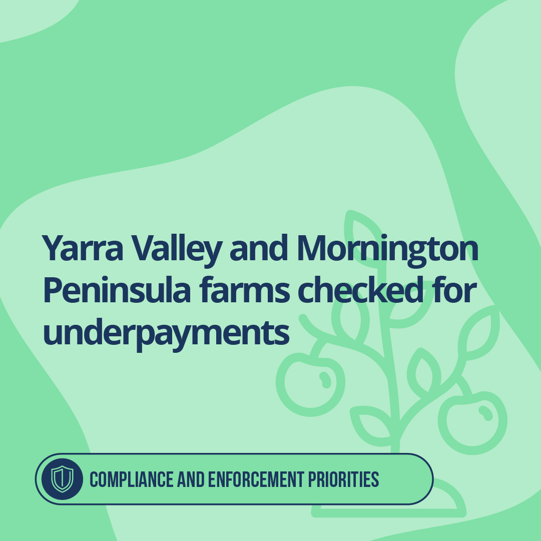 Green background with tree illustration. Text reads: Yarra Valley and Mornington Peninsula farms checked for underpayments.