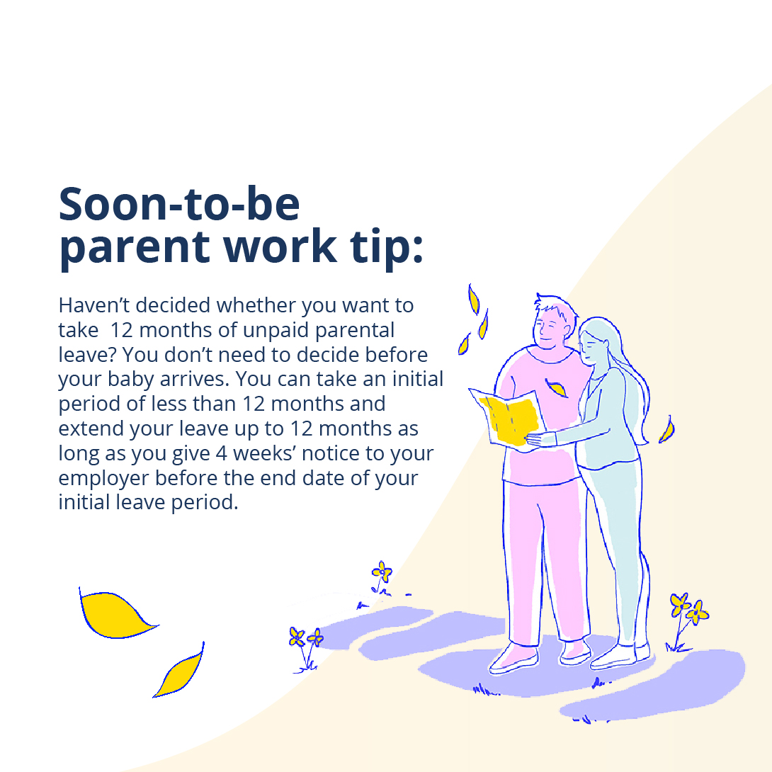 Illustration of couple hugging and reading a book, near text explaining an entitlement to 12 months extra parental leave.