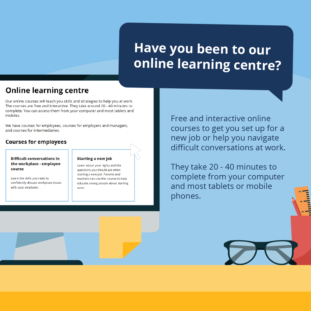 Illustration with text reading have you been to our online learning centre, free and interactive online courses that take 20-40 minutes