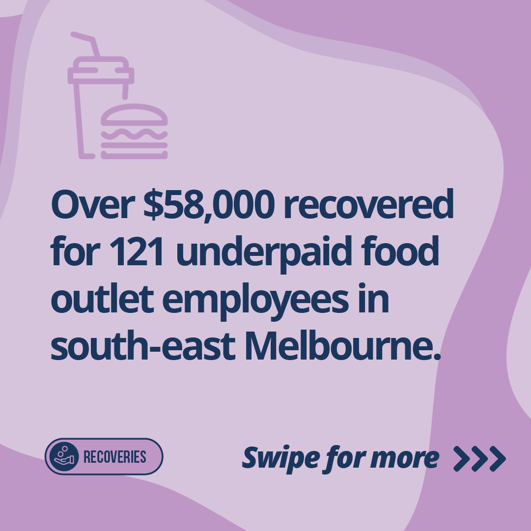 instagram post that reads: Over $85,000 recovered for 121 underpaid food outlet employees in south-east Melbourne