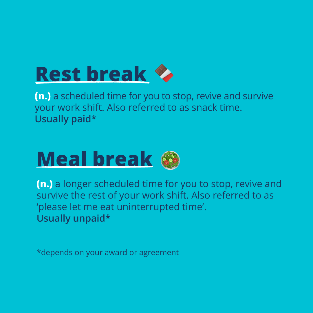 An image with text about rest breaks and meal breaks.