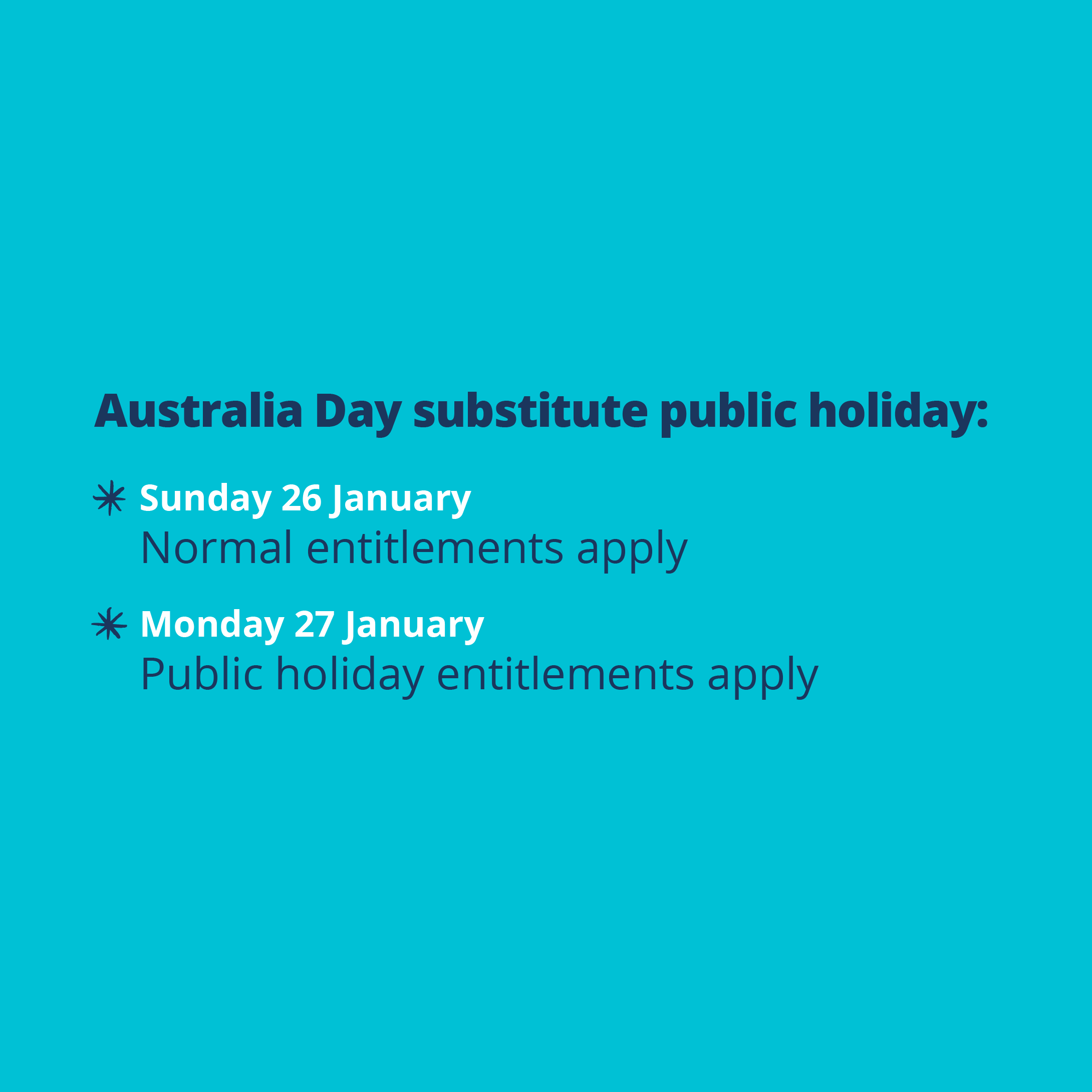 Illustration with text reading Australia Day substitute public holiday Sunday 26 January or Monday 27 January with varying entitlements applying