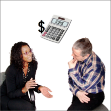 A Fair Work Ombudsman employee talking to a customer. A calculator with a dollar sign is above them.