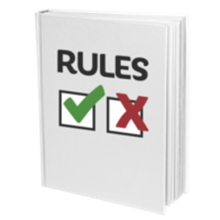 A rule book with an image of a tick and cross. The title is 'Rules'