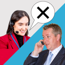 A person talking to a Fair Work Ombudsman employee. The employee has a speech bubble with a cross in it.