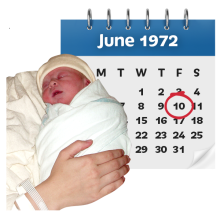 A calendar and a baby indicating a date of birth