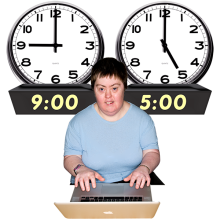 A person working on a laptop. There is a clock behind them indicating their start and end time for work.