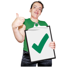 A person holding a clip board with a green tick on the clipboard