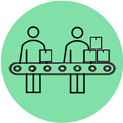 icon of two employees on a production line in a light green circle background