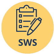 icon of a clipboard and pen with the text 'SWS' underneath them in a yellow circle background