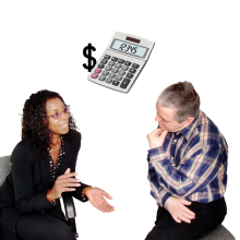 A Fair Work Ombudsman employee talking to a customer. A calculator with a dollar sign is above them.