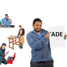 A person holding a sign for an Australian Disability Enterprise and three different employees working in different jobs on the left