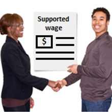 An employer and employee shaking hands with a picture of a supported wage document between them